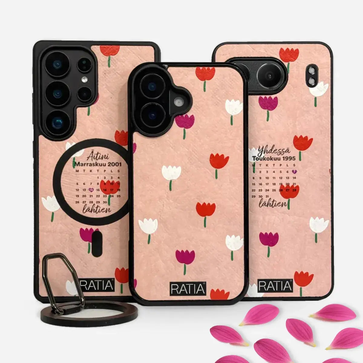 LASTU x RATIA Tulppaanit phone cases featuring floral design, part of Mother's Day Edition 2025 collection.