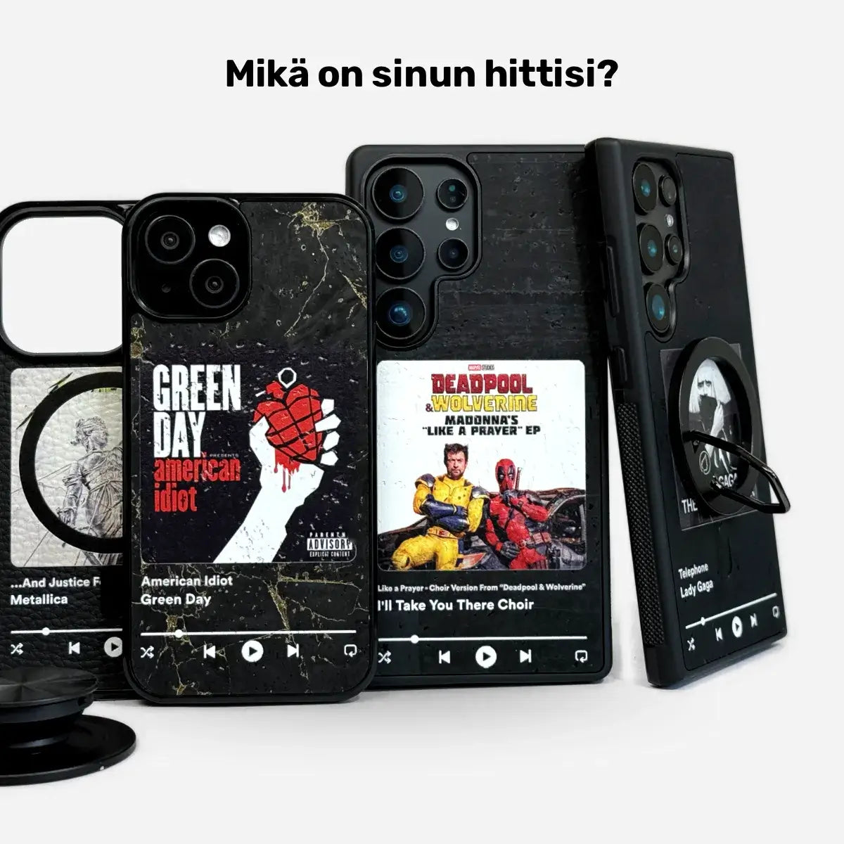 BASSO custom phone cases featuring music album art in eco-friendly Piñatex, showcasing iPhone and Samsung models.