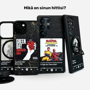 BASSO custom phone cases featuring music album art in eco-friendly Piñatex, showcasing iPhone and Samsung models.