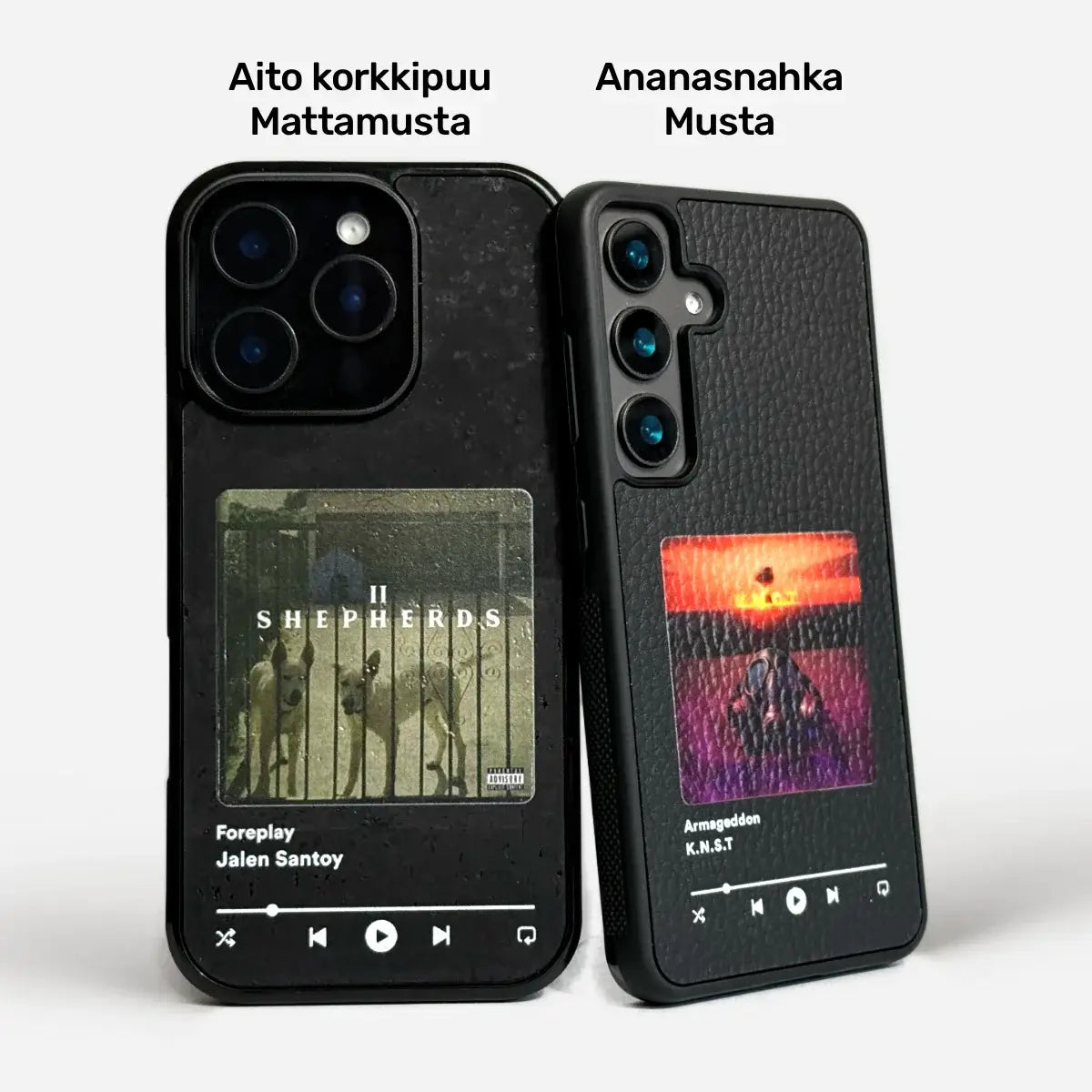 BASSO custom phone cases featuring eco-friendly Piñatex with artist album previews for iPhone and Samsung.