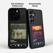 BASSO custom phone cases featuring eco-friendly Piñatex with artist album previews for iPhone and Samsung.