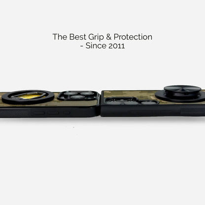 Lähikuva puhelimen kamerajärjestelmästä, jossa näkyy useita linssejä ja sensoreita. Teksti "The Best Grip & Protection - Since 2011" korostaa tuotteen laatua ja pitkää historiaa. Sopii iPhone, Samsung, OnePlus ja Google Pixel -puhelimille. Lastu