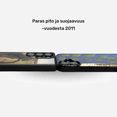 Lastu  Kaksi puhelinta Oulun Lastu KUWA suojakuorissa: iPhone 17 Pro ja Galaxy S26, aitoa puuta, suojakuoret.
