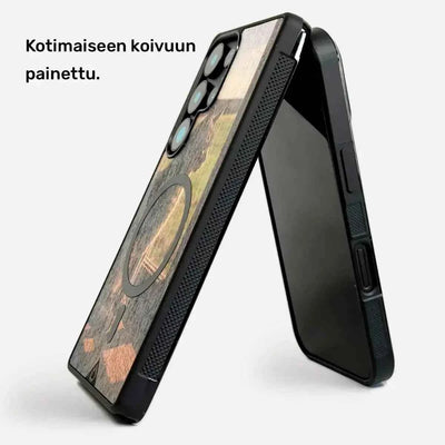 Lastu  Lastu puhelimen kuoret iPhone 17 Pro ja Samsung Galaxy S26, musta Borders-tyyli, kotimainen puupinta, suomalainen teksti