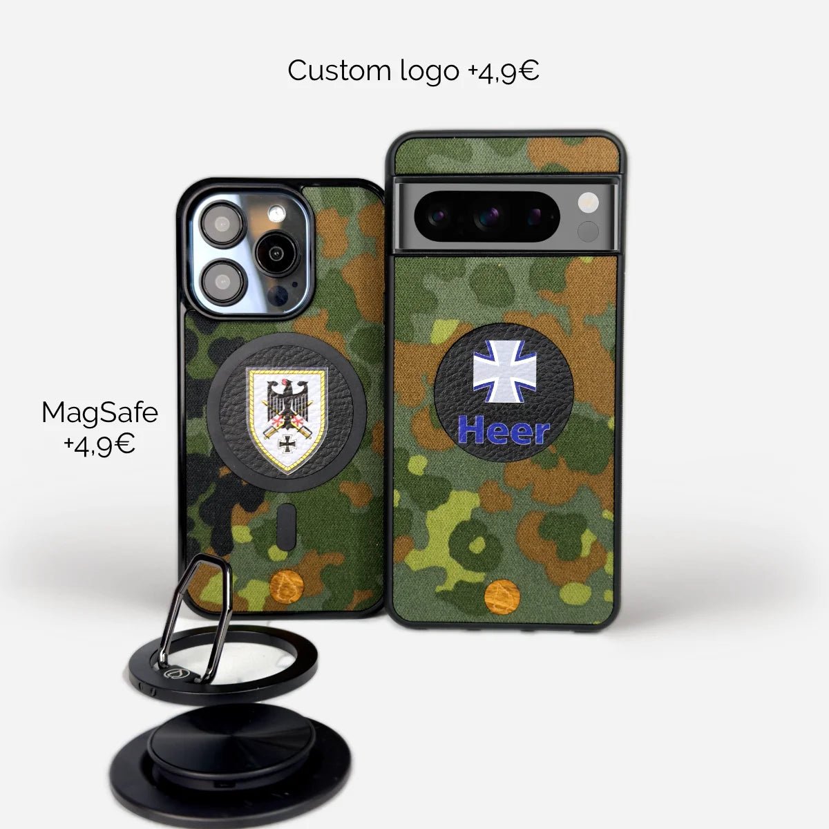 Saksalainen Flecktarn-maastokuvioinen puhelinkotelo iPhonelle, Samsungille, OnePlusille ja Google Pixelille. MagSafe-yhteensopiva, mukautettava logo ja tarranauha-optio. Kestävä ja laadukas suojakuori aidosta armeijan kankaasta. Lastu