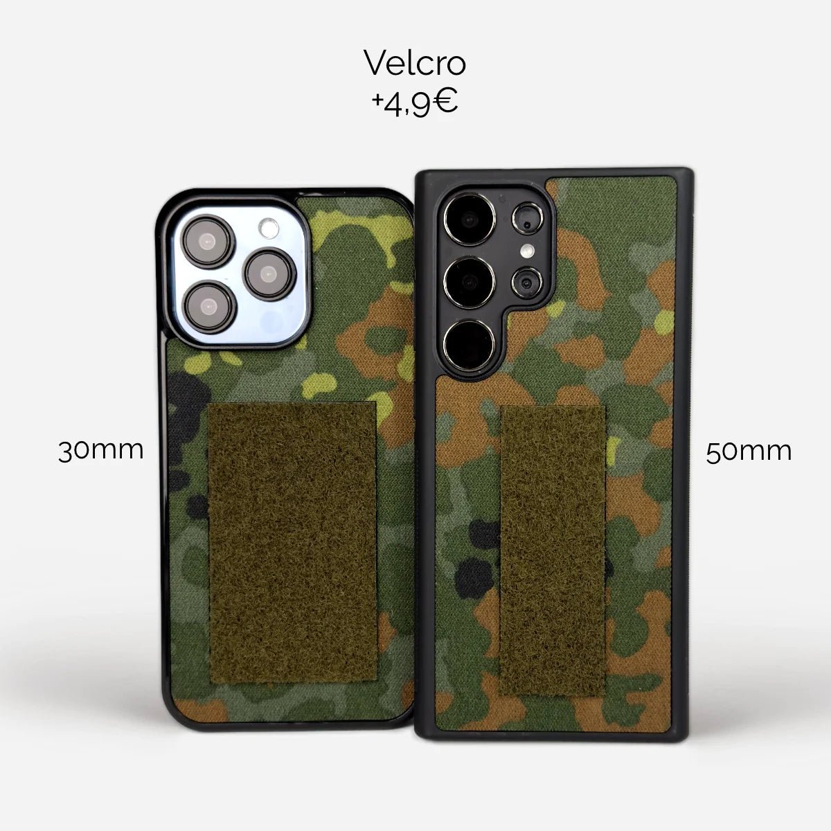 Saksalainen Flecktarn-maastokuosinen puhelinkotelo kahdella eri koolla tarrakiinnitystä varten. Yhteensopiva iPhone-, Samsung-, OnePlus- ja Google Pixel -puhelimien kanssa. Kestävä suojus aidosta sotilaskankaasta. Lastu