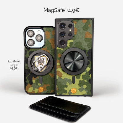 Saksalainen Flecktarn-maastokuviolliset puhelinkuoret iPhonelle ja Samsungille. MagSafe-yhteensopiva, mukautettava logo-vaihtoehto ja kestävä suojaus. Aitoa sotilaskäyttöön tarkoitettua kangasta. Sopii myös OnePlus ja Google Pixel -puhelimille. Lastu