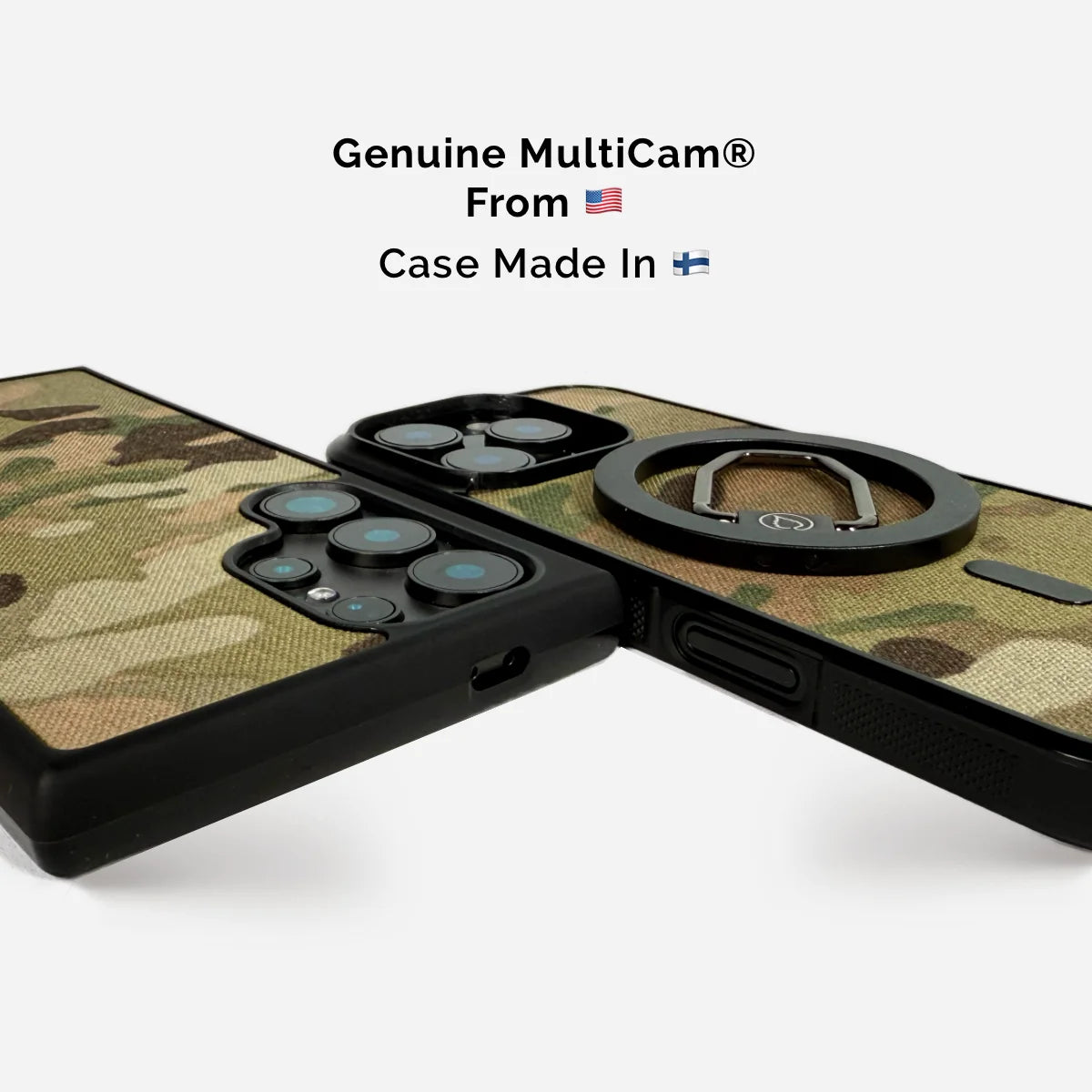 Aito MultiCam® puhelinkotelo MagSafe-yhteensopivuudella ja kameran suojauksella. Laadukas Cordura 500 -kangaskuori iPhonelle, taktinen maastokuviointi. Valmistettu Suomessa amerikkalaisesta materiaalista. Lastu

Note: This ALT text in Finnish translates to: "Genuine MultiCam® phone case with MagSafe compatibility and camera protection. High-quality Cordura 500 fabric case for iPhone, tactical camouflage pattern. Made in Finland from American mate