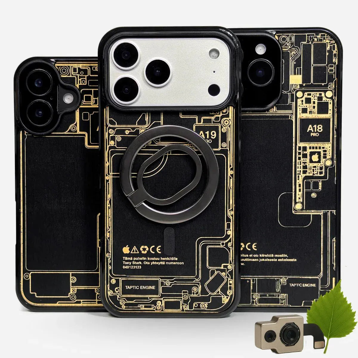 Lastu mustat puhelimen kuoret iPhone 15–17 malleille, laserkaiverrettu koivupuulla ja teknisellä sisuksella