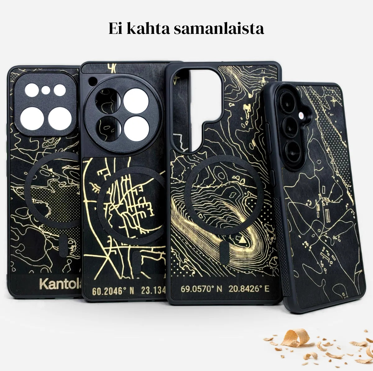 Lastu  Lastu KARTTA: puhelinkotelot omalla kartalla, kultaiset kuviot: iPhone 17 Pro, Samsung S26, OnePlus 15, Pixel 10, Nothing.