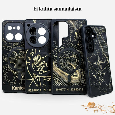 Lastu  Lastu KARTTA: puhelinkotelot omalla kartalla, kultaiset kuviot: iPhone 17 Pro, Samsung S26, OnePlus 15, Pixel 10, Nothing.