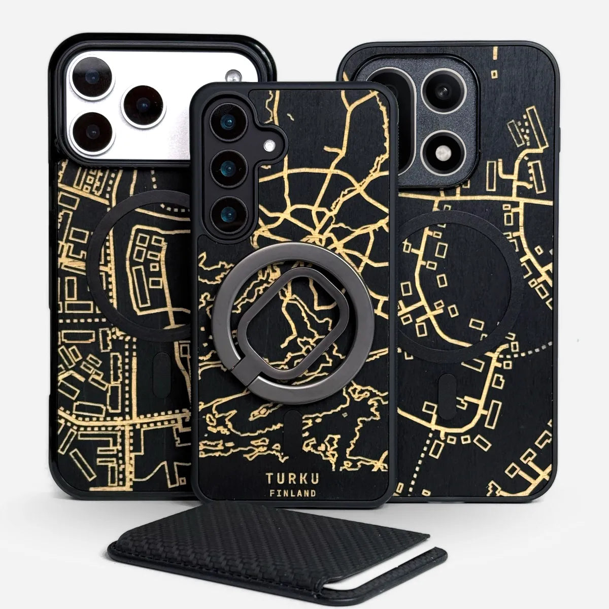 Lastu  Lastu-puhelinkotelot Turun kartalla, puiset, yhteensopivat iPhone 17 Pron, Galaxy S26:n ja OnePlus 15:n kanssa.