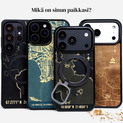 Lastu  Lastu KARTTA -puhelimen puukotelot: kartta, koordinaatit ja metallirengas iPhone-, Samsung-, OnePlus- ja Pixel-malleille.