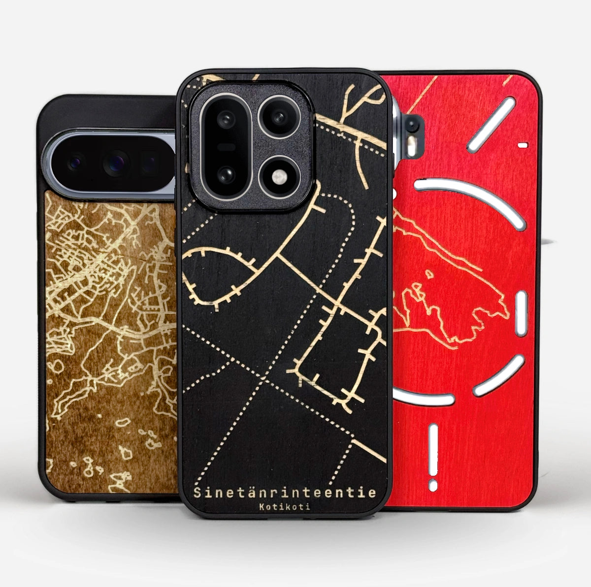 Lastu  Lastu KARTTA -puhelinkotelot iPhone 17 Pro, Galaxy S26, OnePlus 15, karttakuvio, ruskea, musta, punainen puu