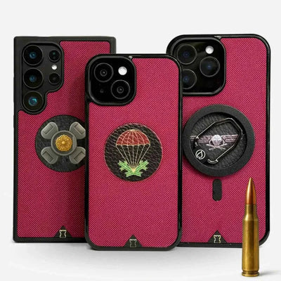Lastu  Magenta Lastu LJK puhelimen kuoret iPhone 17 Pro, Samsung S26, OnePlus 15 malleille puisella yksityiskohdalla.