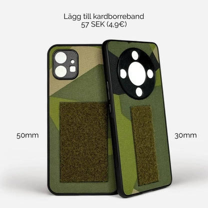 M90-kuvioiset puhelinkuoret iPhone-, Samsung-, OnePlus- ja Google Pixel -puhelimille. Vasemmalla 50 mm leveä tarranauhapinta, oikealla 30 mm leveä. Kestävästä CORDURA-kankaasta valmistetut suojakuoret tarjoavat erinomaisen suojan ja pitoa. Lastu