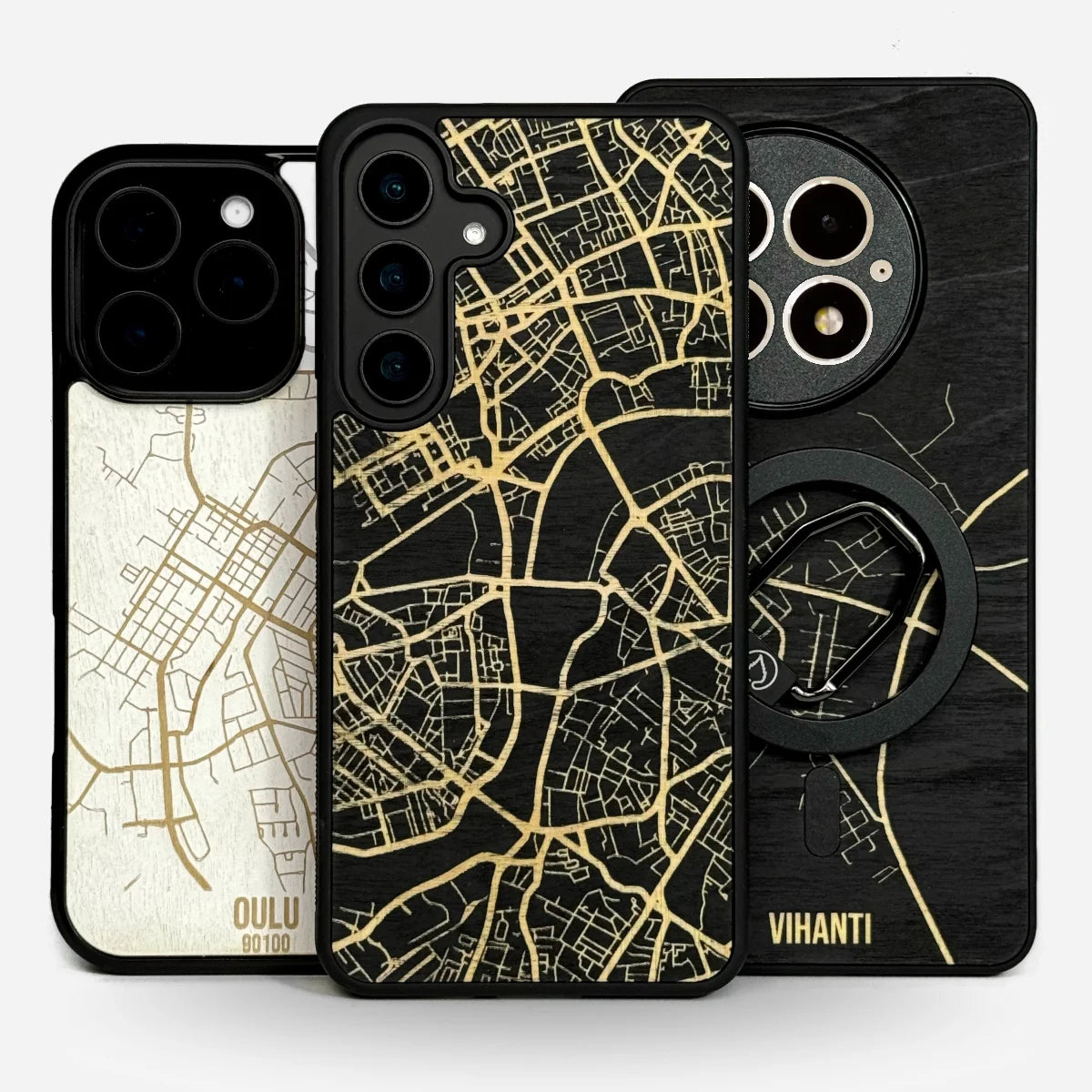 Lastu Karttakuoret aidosta koivusta, musta ja valkoinen, puhelimen kuoret iPhone, Samsung, OnePlus, Pixel, Nothing.