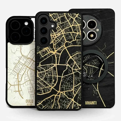 Lastu  Lastu KARTTA Oulu & Vihanti -puhelinkotelot iPhone 17 Pro, Galaxy S26, vaahtera/musta/kulta – kaupunkikartta