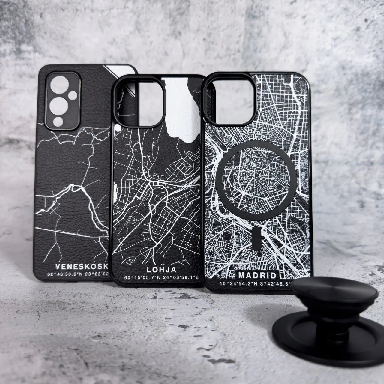 a black phone case with a white map on it