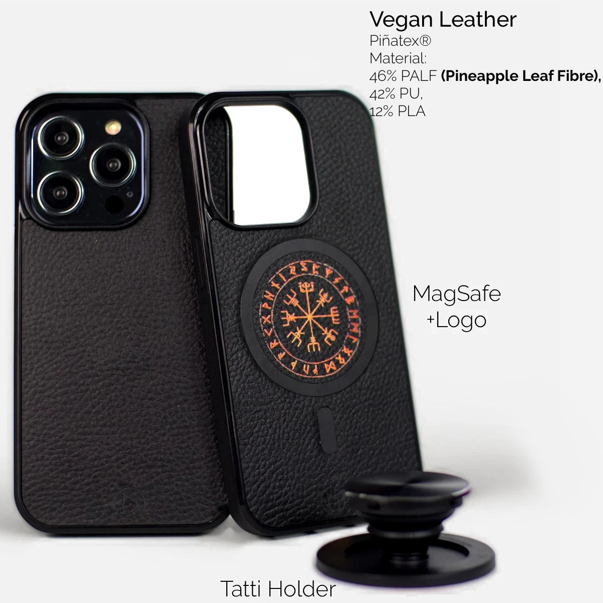 Vegaaniset, vastuulliset, ekologiset iPhone kuoret, kotelot ja suojakuoret MagSafe toiminnolla mustaa vegaanista nahkaa
