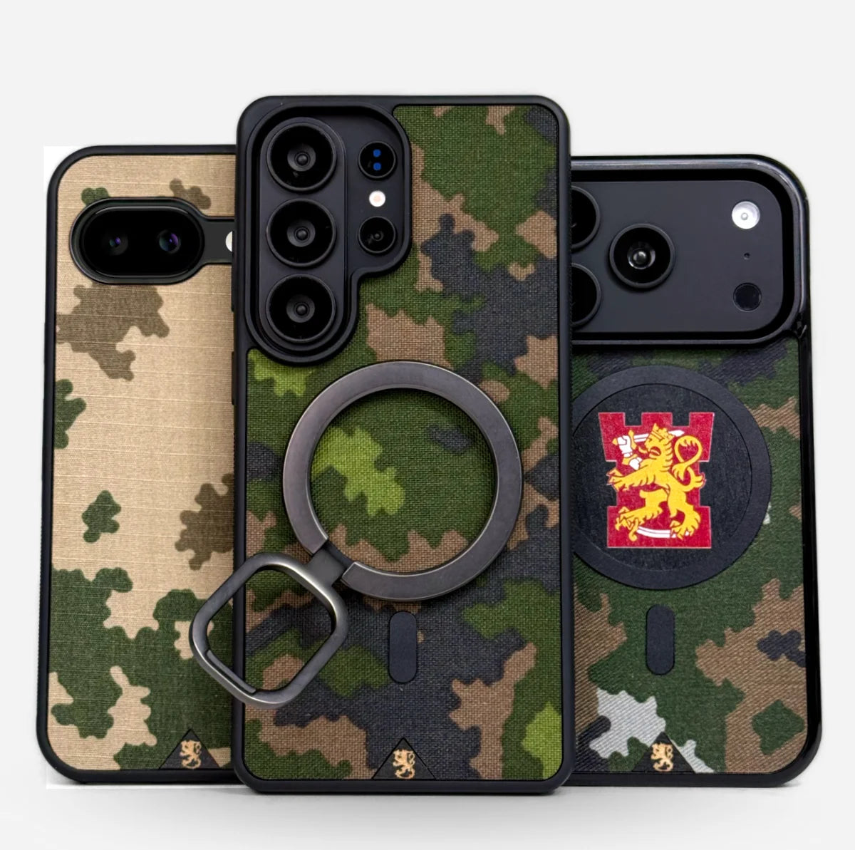 Lastu  Lastu ROKKA M05 -puhelimen kuoret, joista yhdessä on leijonakuvio, sopivat iPhone 17 Pro- ja Galaxy S26 -malleihin.