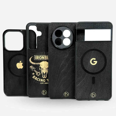 Lastu  Lastu HIILI -suojakuoret mustasta koivusta, iPhone 17 Pro-, Galaxy S26-, OnePlus 15- ja Pixel 10 -logoilla, pystyasennossa
