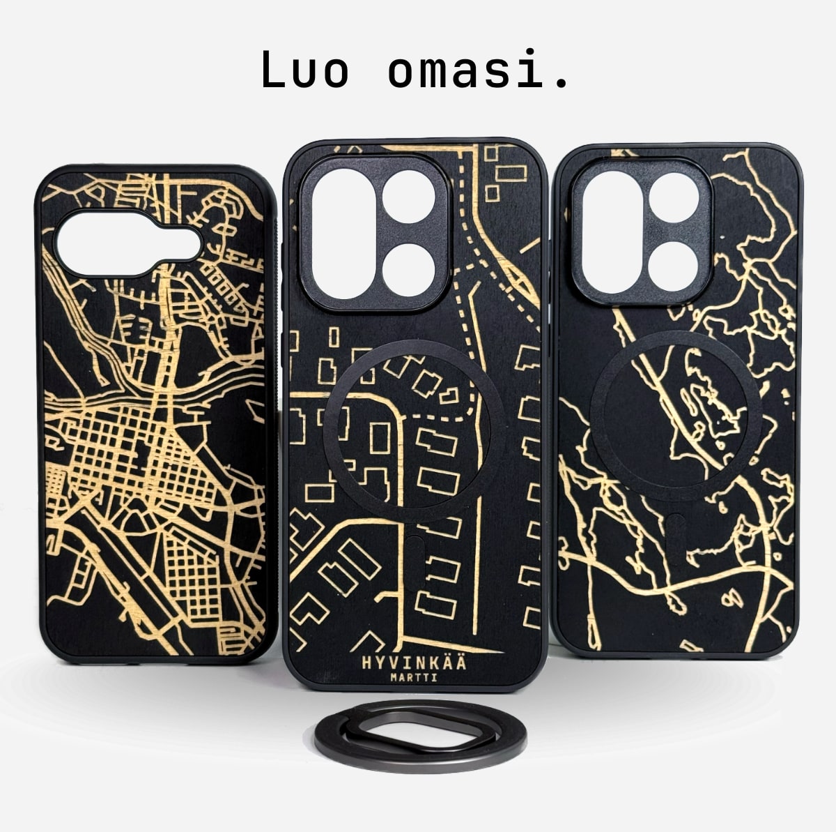 Lastu  Lastu KARTTA: mustat puhelinkotelot, joissa on kultaiset kaupunkikartat – iPhone 17 Pro, Samsung Galaxy S26, OnePlus 15
