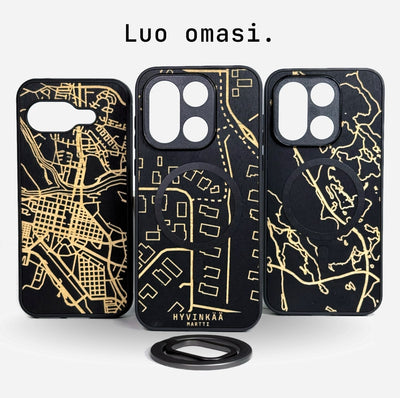 Lastu  Lastu KARTTA: mustat puhelinkotelot, joissa on kultaiset kaupunkikartat – iPhone 17 Pro, Samsung Galaxy S26, OnePlus 15