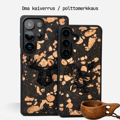 Lastu  Lastu KUKSA:n puhelinkotelot iPhone 17 Pro ja Samsung Galaxy S26, hirvi ja lintu, vieressä kuksa-puukuppi.