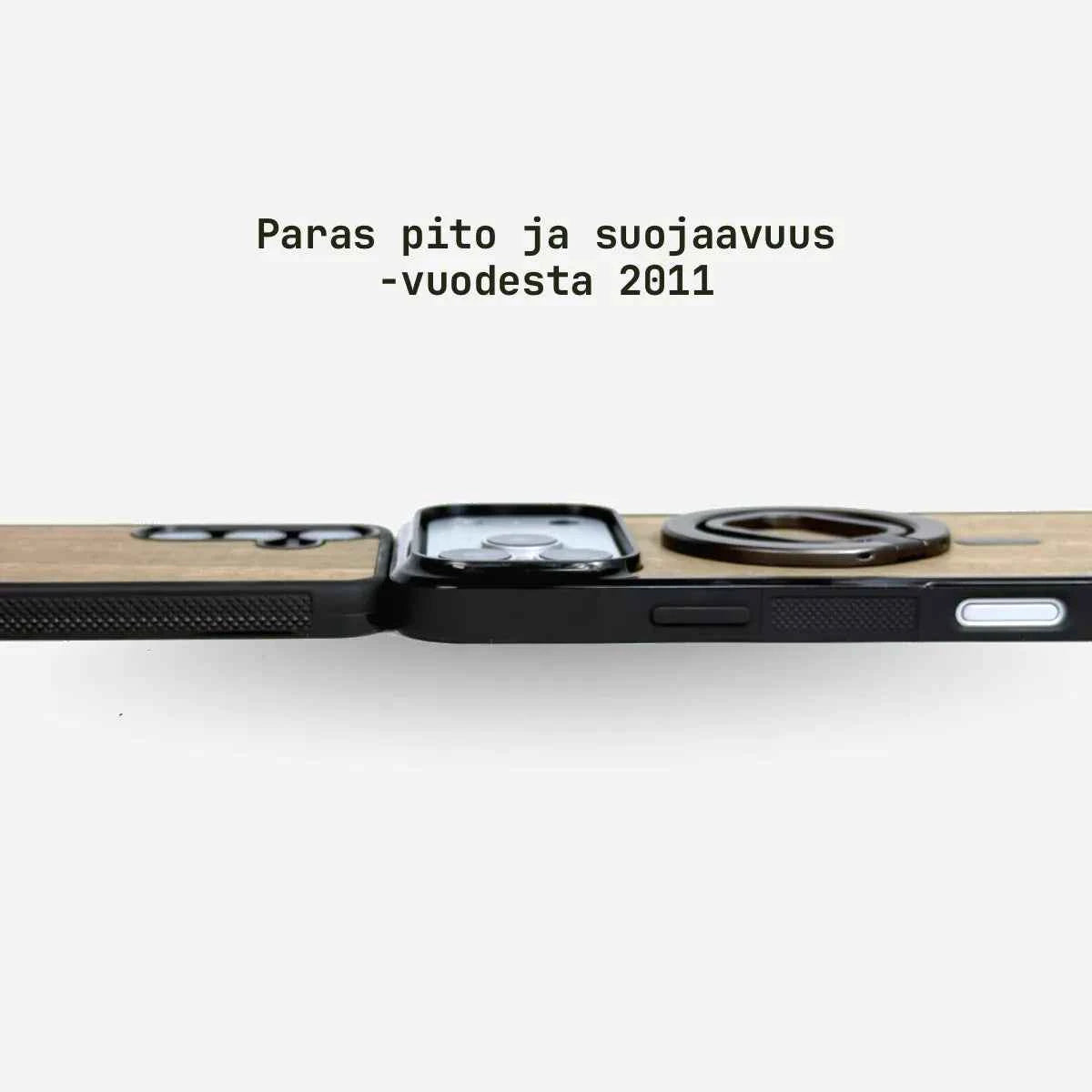 Lastu  IPhone 17 Pro ja Samsung Galaxy S26 KELO by Lastu -puhelinkotelot tervattua koivua, sivulta, teksti yläpuolella