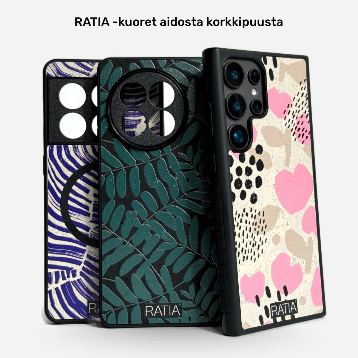 Puhelimen kuoret RATIA -malliset korkkipuukuoret kuviolla, MagSafe yhteensopiva, Lastu Premium puhelinsuojakuori Design Collection