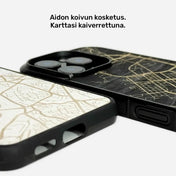 Lastu KARTTA karttakuoret aidosta koivusta iPhonelle, kaiverrettu luonnonvalkoinen ja mattamusta puinen puhelimen kuori. Explore Lastu’s Premium Phone Case Collection, iPhone kuoret - Kustomoitavat ja persoonalliset, Lastu kuoret Samsung Galaxy malleille, Suosituimmat Lastun puhelimen kuoret, Lastu kuoret, OnePlus kuoret – Persoonallista ja kestävää, Huawei & Honor, Design-puhelinkuoret – Lastun Design Collection, Karttakuoret, Xiaomi