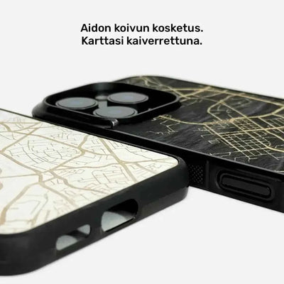 Lastu  Lastu KARTTA -puhelimen kuoret, kaupunkikartta ja suomenkielinen teksti, puu. Yhteensopiva iPhone 17 Pro:n ja Galaxy S26:n kanssa.
