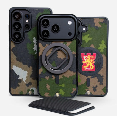 M05-maastokuvioiset LASTU ROKKA -suojakotelot iPhone 17 Pro-, Samsung S26-, OnePlus 15-, Pixel 10- ja Nothing-puhelimille.