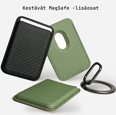 Lastu  Lastu HORSMA:n koivupuiset puhelinkotelot iPhone 17 Pro:lle, Galaxy S26:lle ja MagSafe-mallille, vihreä-mustilla lisäosilla