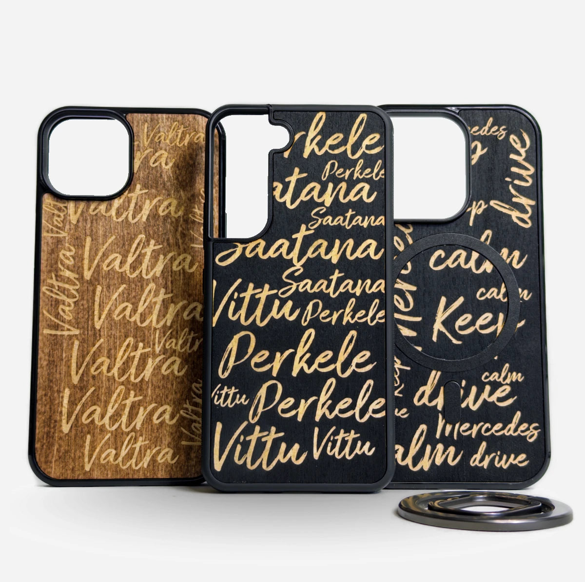 Lastu  Lastu SANAT -puhelinkotelot aitoa puuta, iPhone 17 Pro, Samsung S26, OnePlus 15; tekstillä yksilöitävissä.