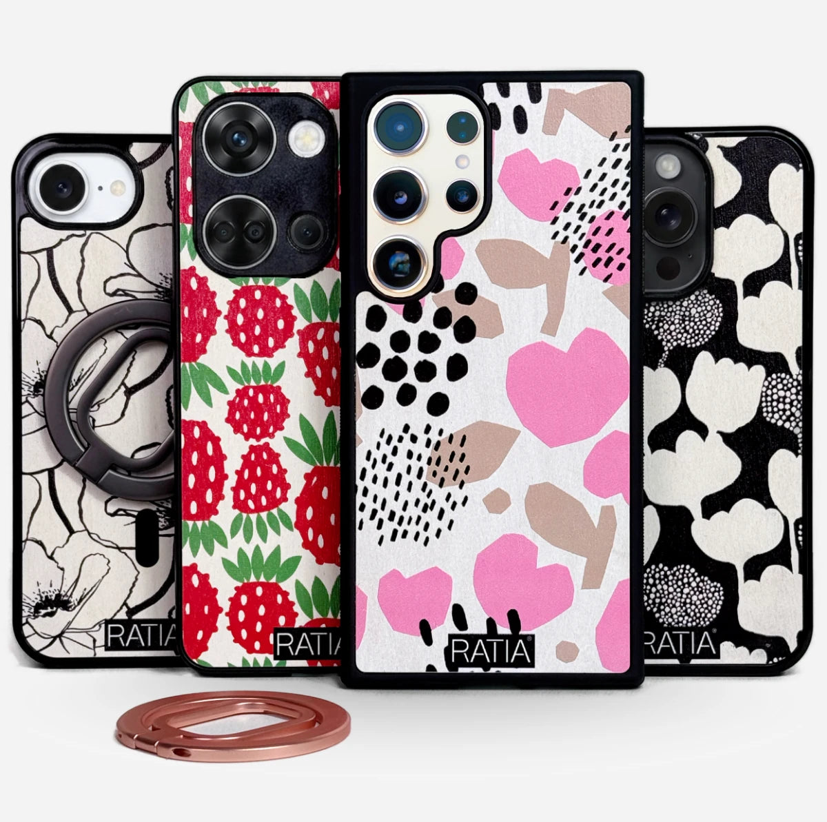 Lastu  Lastu x RATIA puhelimen kuoret koivusta iPhone 17 Pro, Samsung S26, OnePlus 15 ja Pixel 10, kukka- & mansikkakuosit