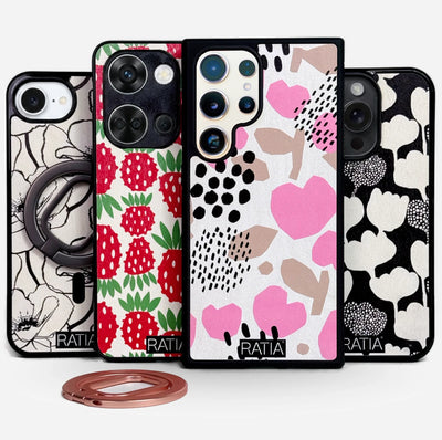 Lastu  Lastu x RATIA puhelimen kuoret koivusta iPhone 17 Pro, Samsung S26, OnePlus 15 ja Pixel 10, kukka- & mansikkakuosit