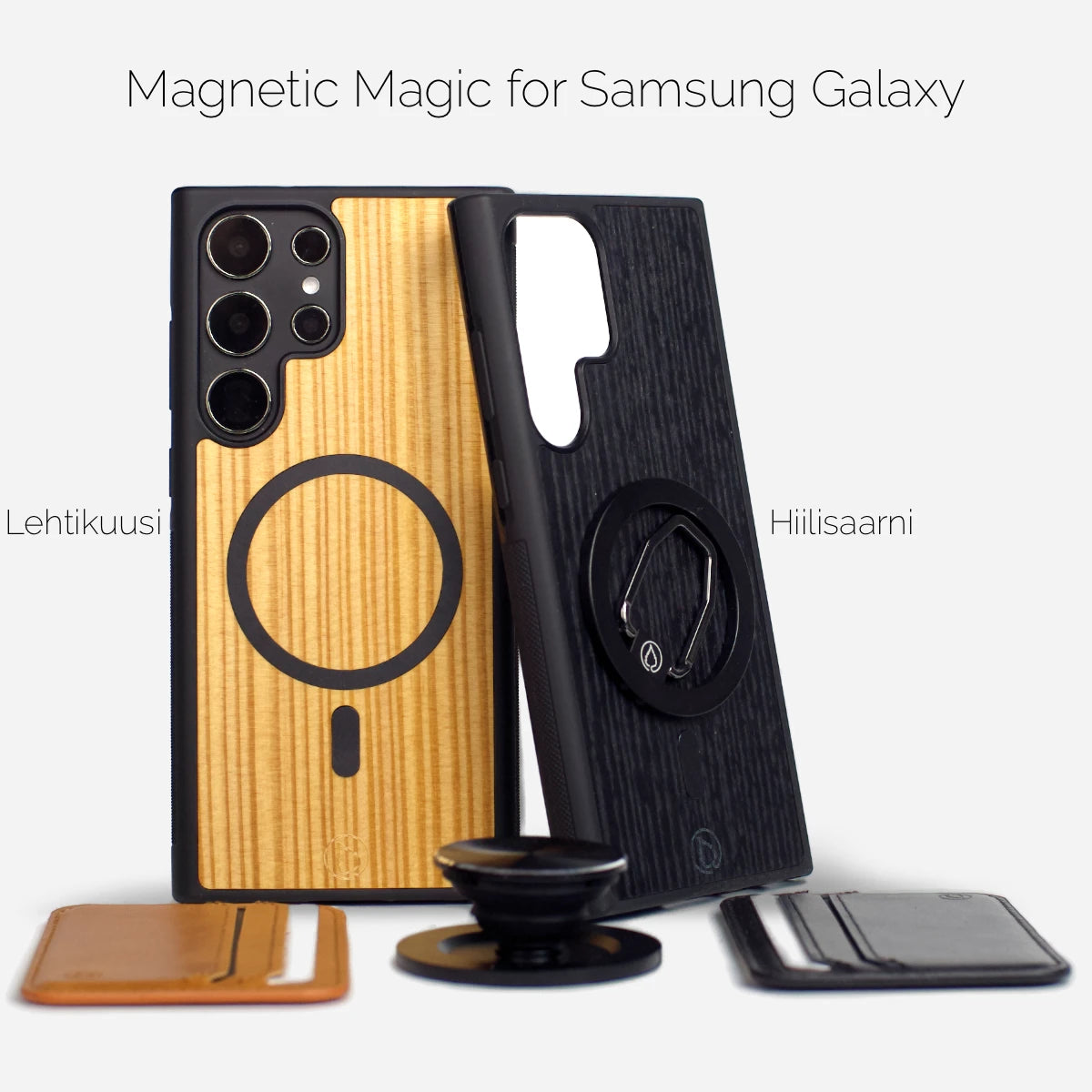 Viimeisin MagSafe-kotelo puusta ja kestävästä muovista, jossa on vahvat magneetit lisävarusteiden kiinnittämiseen. Mukana moduulit kuten Magneettinen Puhelinsormus ja Aito Nahka MagSafe-lompakko.