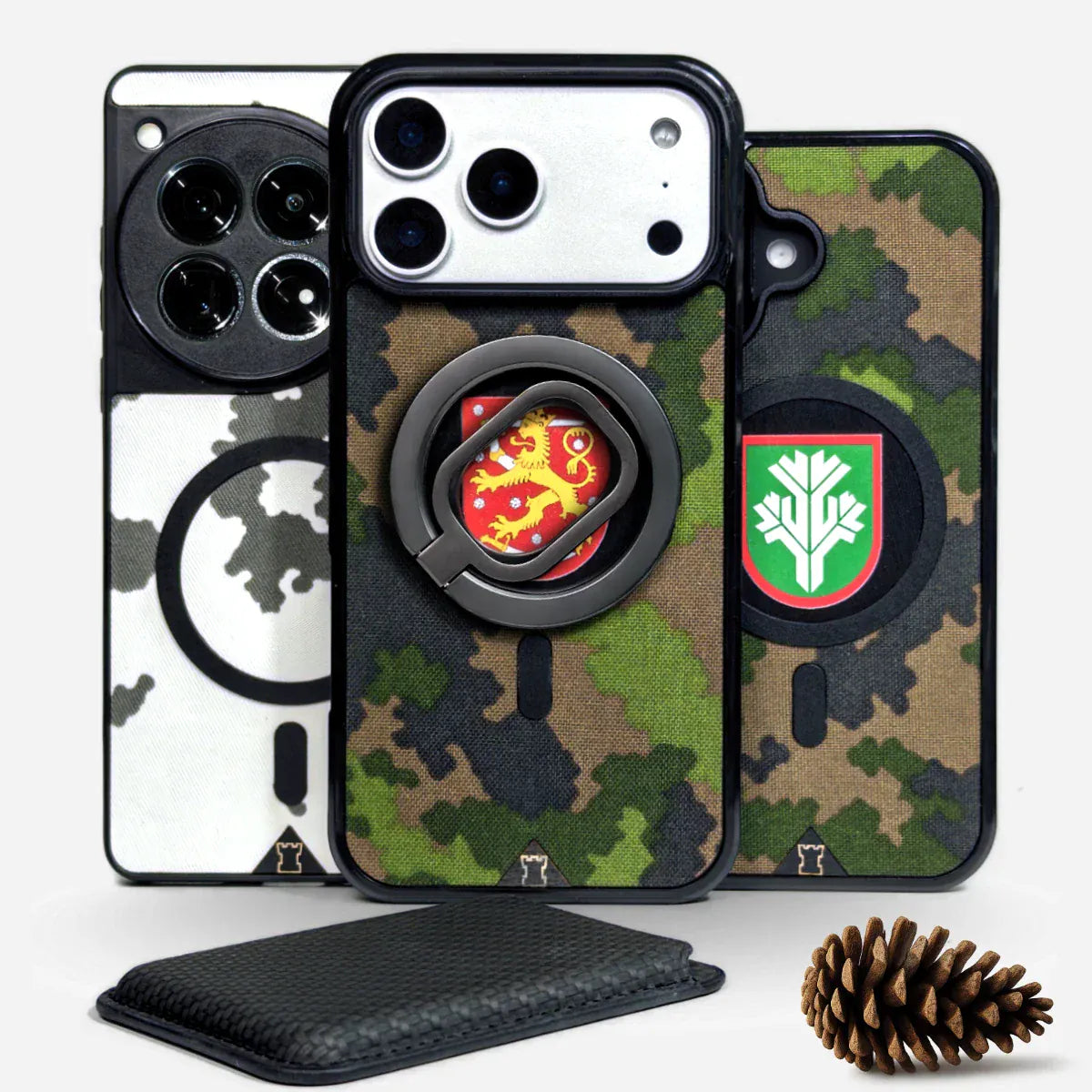 Lastu  IPhone 17 Pro, Samsung Galaxy S26 ja OnePlus 15 puhelimet Lastu WOIMA puhelimen kuoret, männynkäpy, musta lompakko
