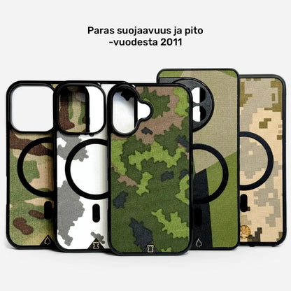 Tactical Essence Case shown in five military camouflage patterns featuring M05, Flecktarn, and M90 designs - Lastu