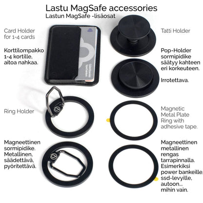 Lastun MagSafe-lisäosat Nothing Phone -puhelimelle: korttipidike, pop-holder, magneettinen sormipidike ja metallinen rengas. Yhteensopiva iPhone-, Samsung-, OnePlus- ja Google Pixel -puhelimien kanssa. Innovatiivisia ja käytännöllisiä lisävarusteita puhelimen käytön helpottamiseksi. Lastu