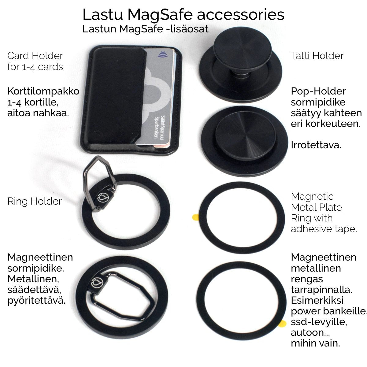 Lastun MagSafe-lisäosat: korttilompakko 1-4 kortille, Pop-Holder sormipidike, magneettinen sormipidike ja metallinen rengas tarrakiinnityksellä. Yhteensopiva iPhone, Samsung, OnePlus ja Google Pixel -puhelimien kanssa. Innovatiivisia lisävarusteita puhelimellesi. Lastu