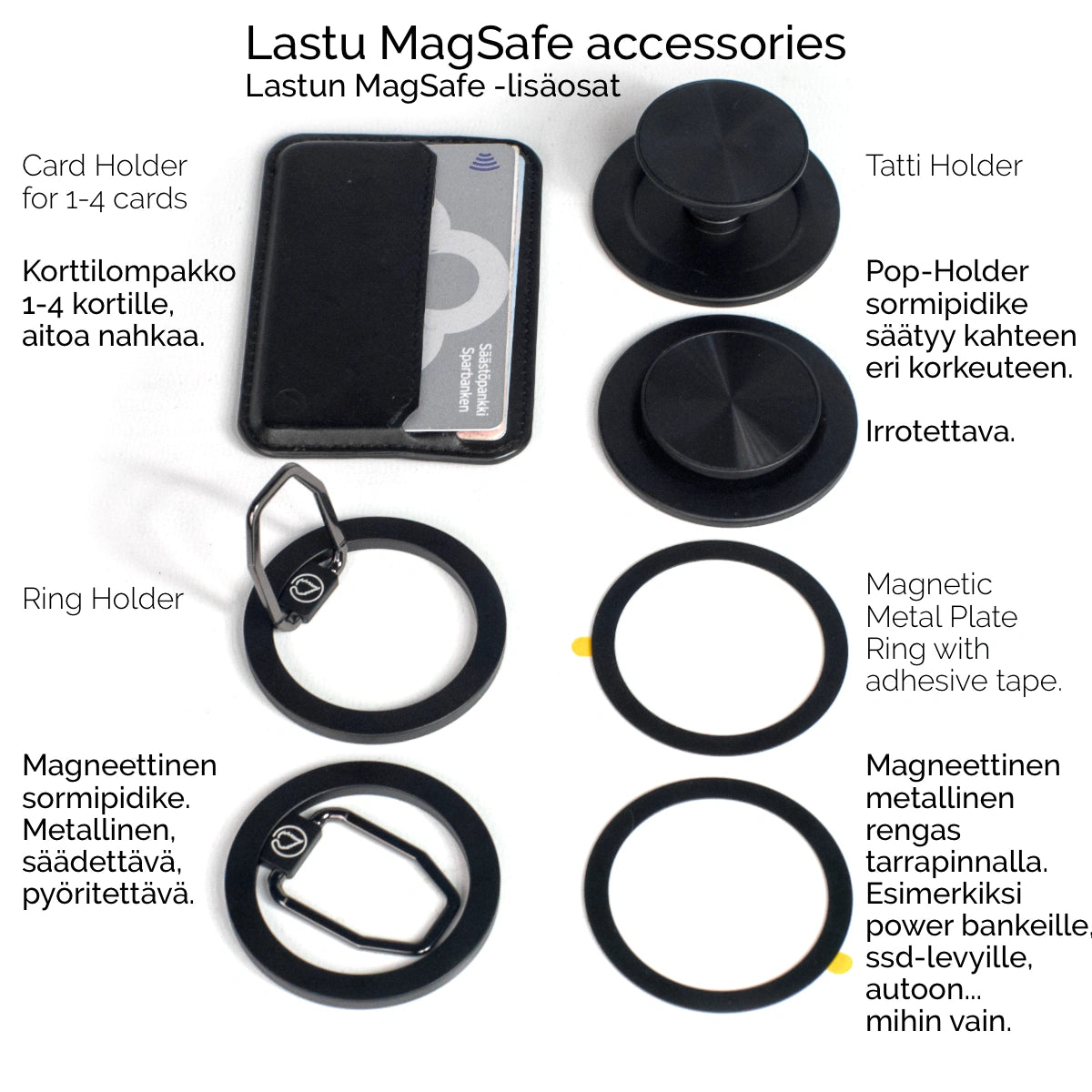 Musta MagSafe-kotelo aitoa pohjoismaista saarnipuuta ja kestävää muovia. Magneetit pitävät lisäosat paikallaan. Valitse puhelinmalli ja lisää magneettiset tarvikkeet tilaukseesi.