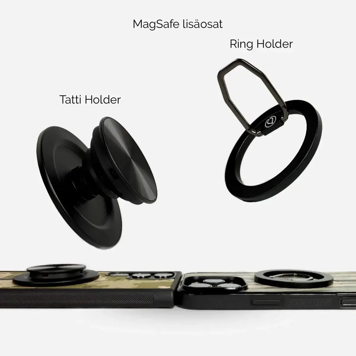 Lastu MagSafe-yhteensopivat mustat lisäosat puhelimen kuorille kuten Tatti Holder ja Ring Holder Suosituimmat Lastun puhelimen kuoret, Lastu kuoret, Maastokuvioiset puhelimen kuoret – taktista suojaa arkeen, MagSafe-kuoret – toiminnallisuutta ja persoonallisuutta, Kuoret luonnossa viihtyville, Puiset puhelimen kuoret – metsän tarina taskussasi, Aidot maastokuvioidut puhelimen kuoret, AVADA - Best Sellers, Puhelimen kuoret omalla kuvalla ja MagSaf