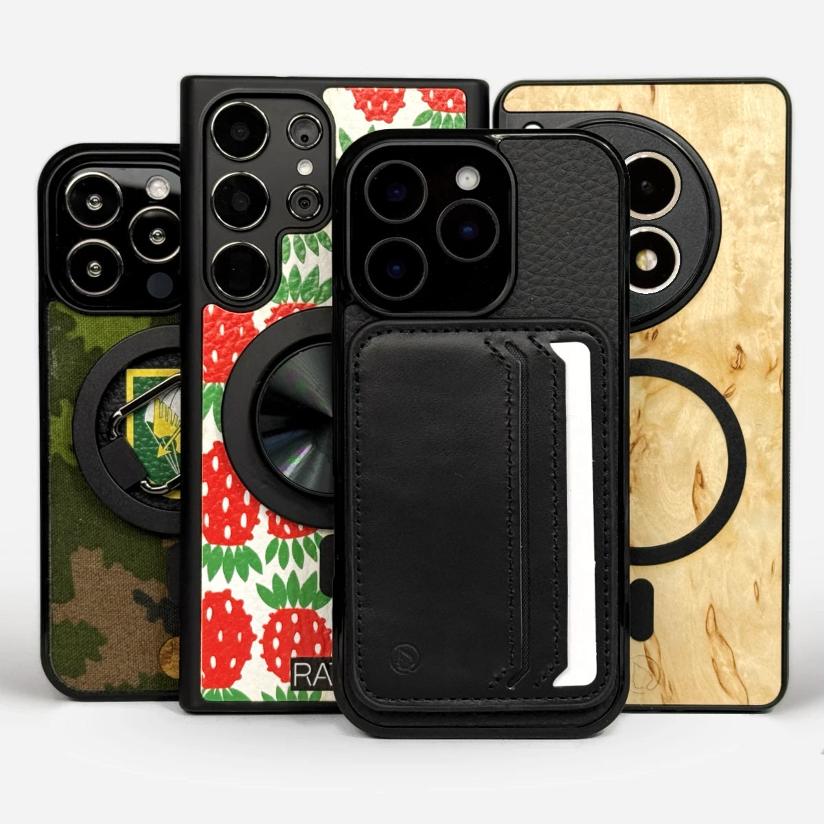 WOIMA - The MagSafe Case collection showcasing five different phone cases with unique patterns including camouflage, floral red and white, black leather with card slot, and natural wood textures. Each case features integrated MagSafe ring and camera protection design. By Lastu.