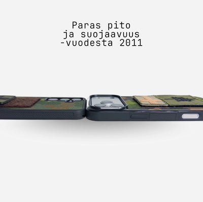 Lastu  Lastu VELCRO camo puhelimen kuoret iPhone 17 Pro ja Samsung Galaxy S26, Velcro-pinta, teksti suomeksi taustalla