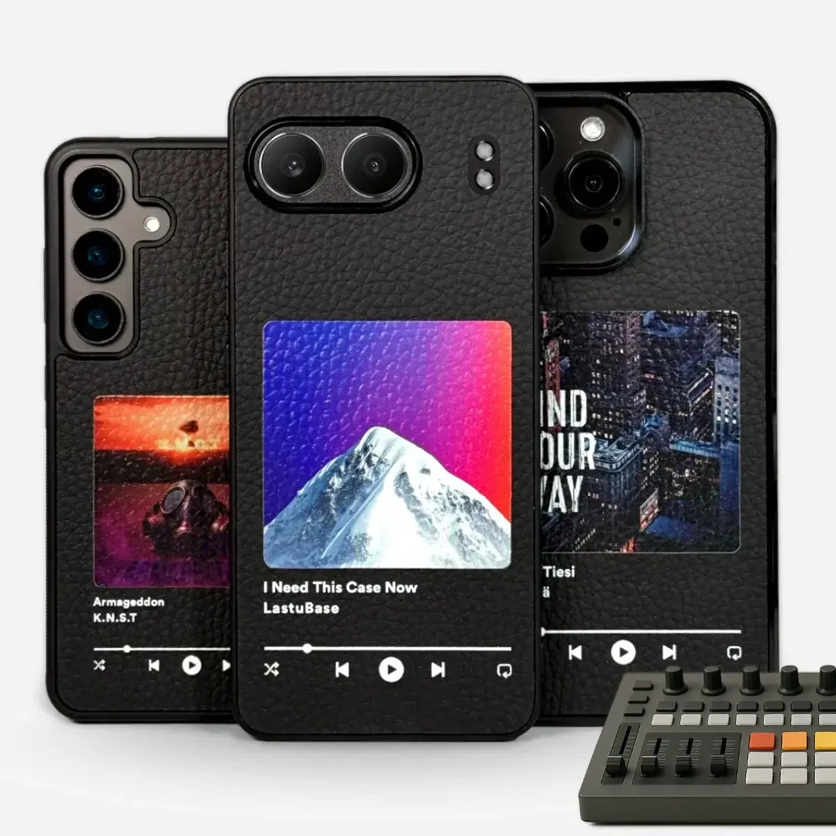 BASSO protective phone cases featuring custom Spotify track previews on eco-friendly Piñatex leather.