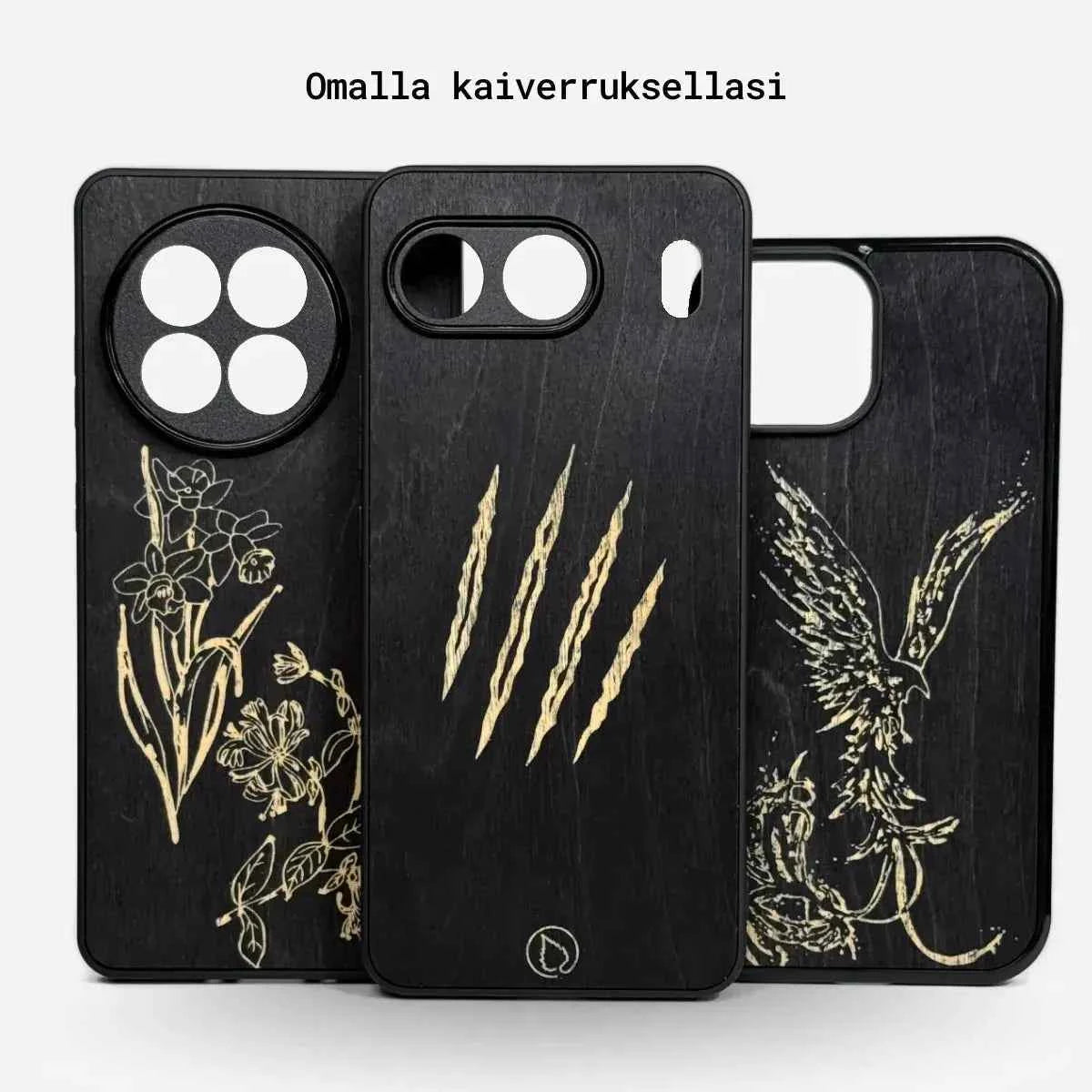 Lastu  Mustasta koivusta veistetyt puhelinkotelot, kultaiset kukka-, kynsi- ja feeniks-kuviot iPhone 17 Pro, Galaxy S26.