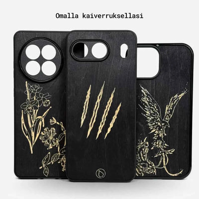 Lastu  Mustasta koivusta veistetyt puhelinkotelot, kultaiset kukka-, kynsi- ja feeniks-kuviot iPhone 17 Pro, Galaxy S26.
